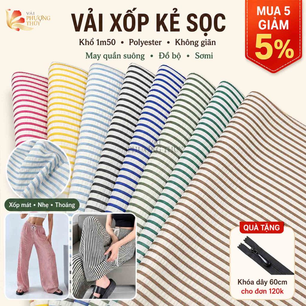 Vải xốp kẻ sọc Phượng Thúy chuyên hàng thời trang nam nữ, quần ống suông và lên đầm, sơmi khổ 1m50