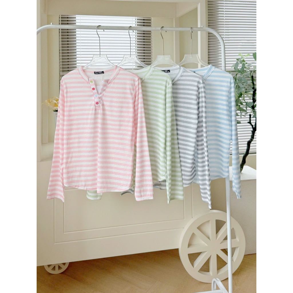 Áo thun nữ tay dài sọc nút nhiều màu mẫu mới thun cotton thoáng mát nhiều màu sắc lựa chọn