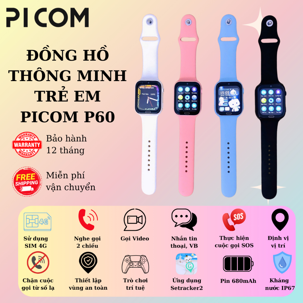 Đồng Hồ Thông Minh định vị cho trẻ em Picom P60 - Lắp Sim Nghe Gọi Độc Lập, Định vị, Video call