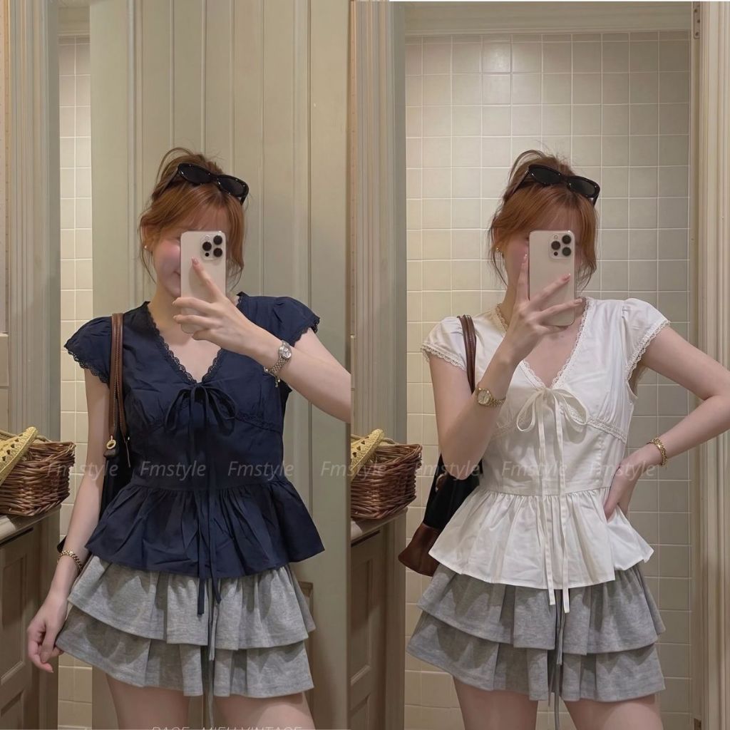 Áo Kiểu Nữ Tay Ngắn dơi cổ tim viền ren FMSTYLE đủ màu 26070608