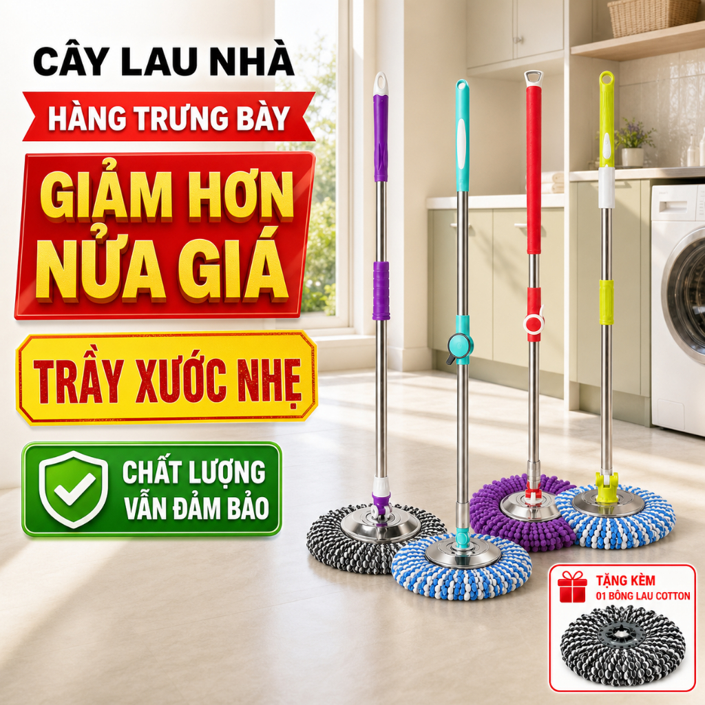 [Hàng Trưng Bày] Cây Lau Nhà Xoay 360 Homeeasy | Giảm Hơn Nửa Giá | Tặng Kèm Bông Lau Cotton