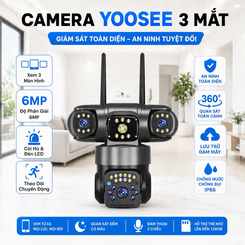 Camera IP Camera Wifi Không Dây Yoosee 3 Mắt Xem 3 Màn Hình, Chống Trộm, Theo Dõi Chuyển Động, Giám 