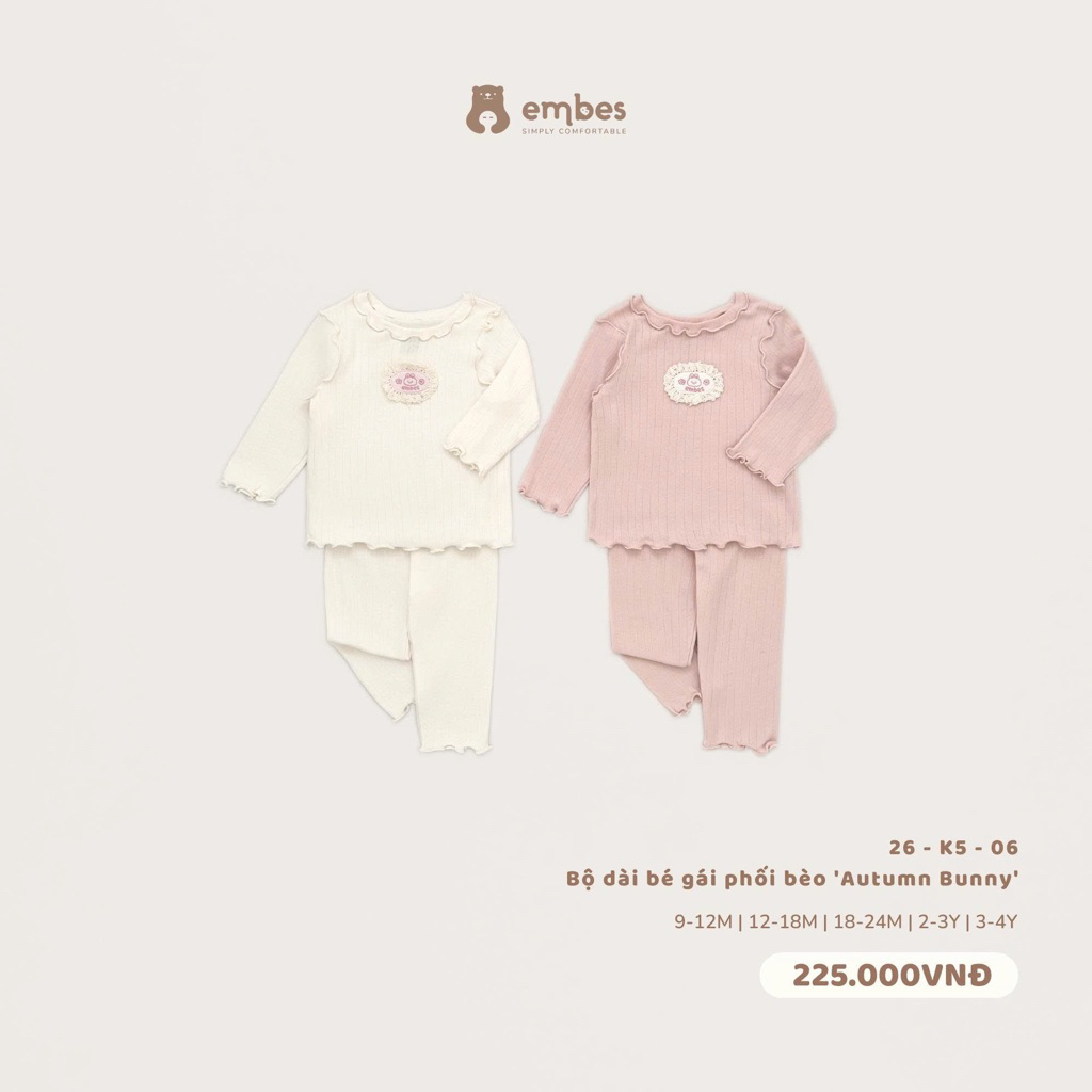 Bộ dài tay bé gái phối viền bèo Embes. Bộ thu đông dài tay bé gái BEO.Kids