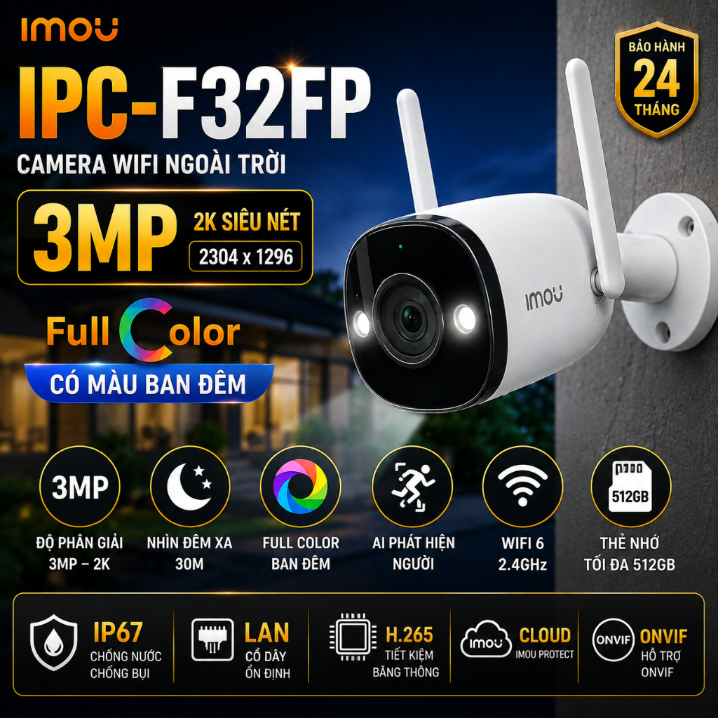 Camera IMOU F32FP / F32FP Pro 3MP 2K Full Color Ngoài Trời WiFi 6 2.4GHz AI Phát Hiện Người IP67 Nhì