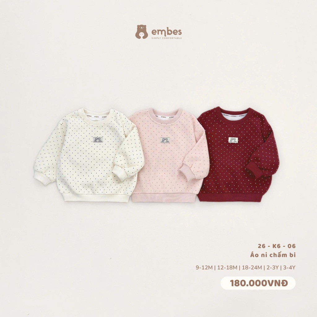 Áo nỉ chấm bi Embes thu đông cho bé gái. Áo nỉ thu đông cho bé BEO.Kids