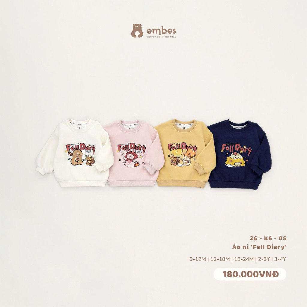 Áo nỉ Embes in hình Fall Dairy cho bé trai bé gái. Áo nỉ thu đông cho bé BEO.Kids