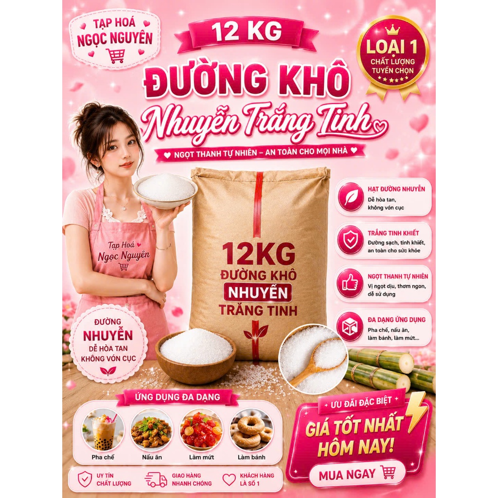 [ 12kg ]Đường khô trắng nhuyễn- Cây 12kg- Đường cát khô nhuyễn