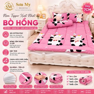 Nệm Topper Xuất Nhật Dày 7cm Cotton Poly Bông Tấm 3 Lớp, Đệm Trải Giường Trải Sàn Có Chun 4 Góc
