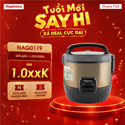 Nồi cơm điện 1.8L Nagakawa màu vàng NAG0119, chống dính, công nghệ ủ ấm 3 chiều, bảo hành 12 tháng