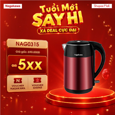 Ấm siêu tốc đun nước 1.8 2 lớp Nagakawa NAG0315, bình đun siêu tốc 1800W, ruột inox 304 chống gỉ, tự ngắt điện an toàn