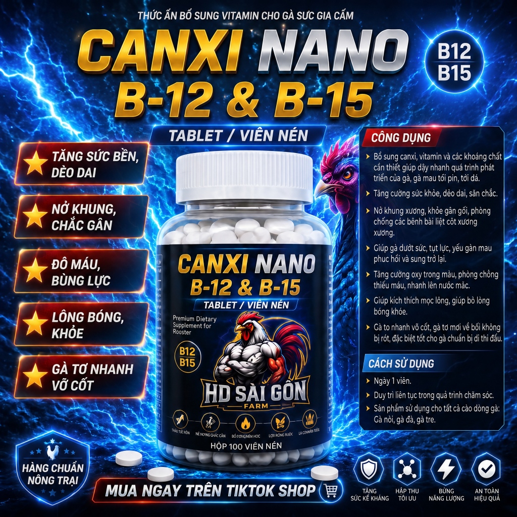 B12-B15 (100 Viên) - CANXI NANO viên bổ sung Vitamin B12 khoáng cho gà tăng bo, nước máu và nở khung