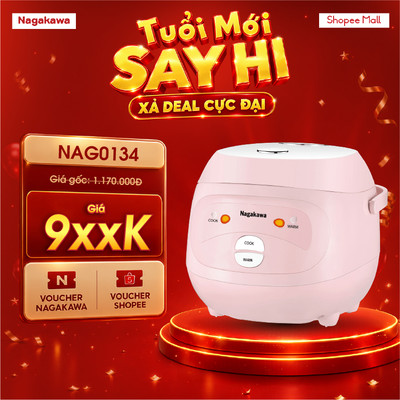 Nồi cơm điện 1L Nagakawa NAG0134 hồng trắng, công suất 400W, 2 chế độ, lòng nồi dạng niêu chống dính, bảo hành 12 tháng