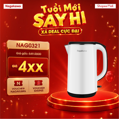 Ấm Siêu Tốc Nagakawa NAG0321 1.8L Inox 304 2 Lớp 1800W Sôi nhanh, Tự ngắt an toàn, Bảo hành 12 tháng