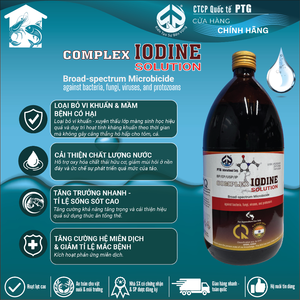 Diệt khuẩn phổ rộng COMPLEX IODINE - Tiêu diệt vi khuẩn, nấm & mầm bệnh, tăng cường hệ miễn dịch cho