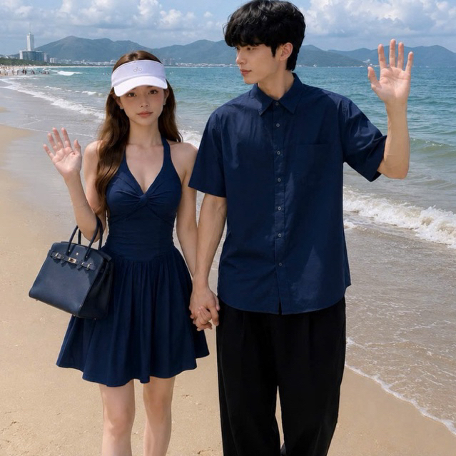 [Bigsize nữ 90kg nam 110kg] Set đồ đôi xanh navy sơ mi nam+đầm nữ form ngắn cổ yếm xinh