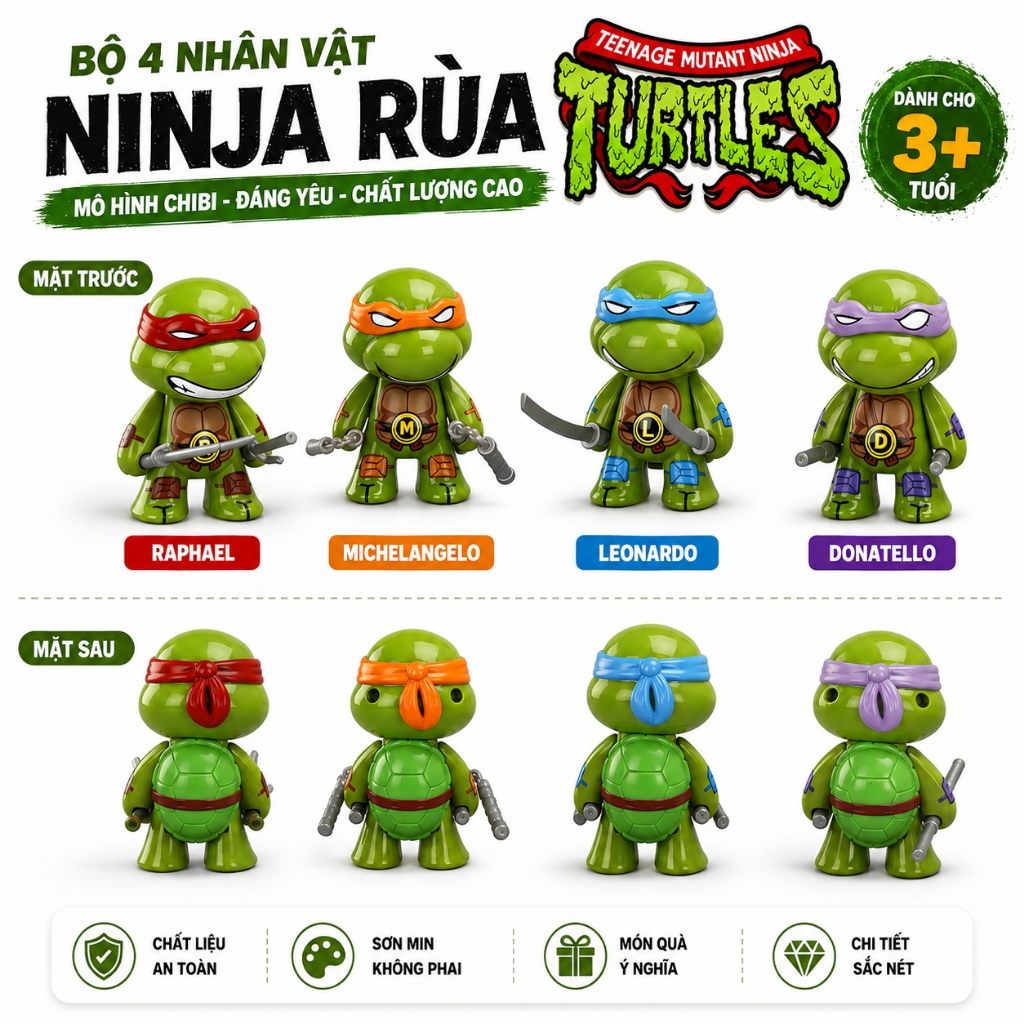 Bộ 4 Nhân Vật Ninja Rùa Chibi – Mô Hình Ninja Rùa 4 Con Đáng Yêu, Đồ Chơi Sưu Tầm Cho Bé 3+ Tuổi