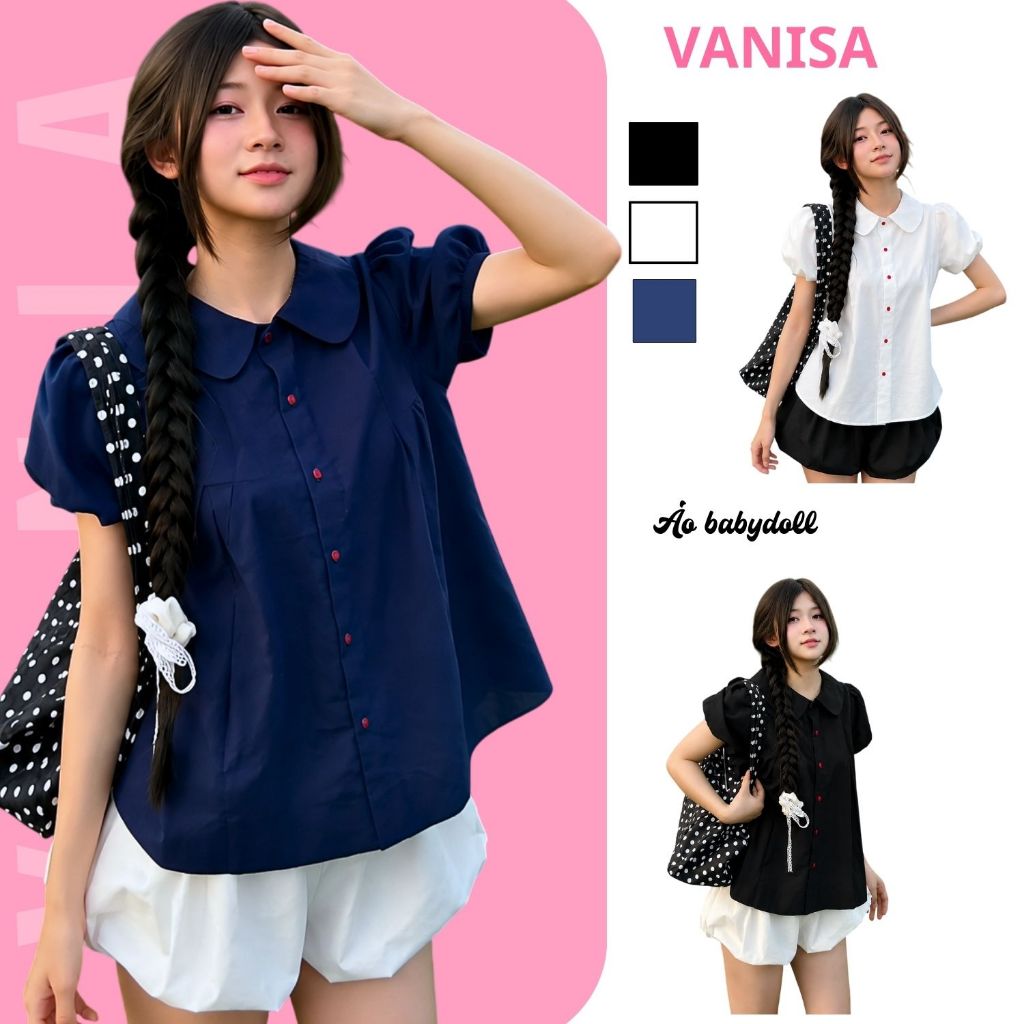 Áo babydoll kiểu cổ bèo sen tay phồng dáng sơ mi form rộng siêu xinh đen xanh VANISA SM933