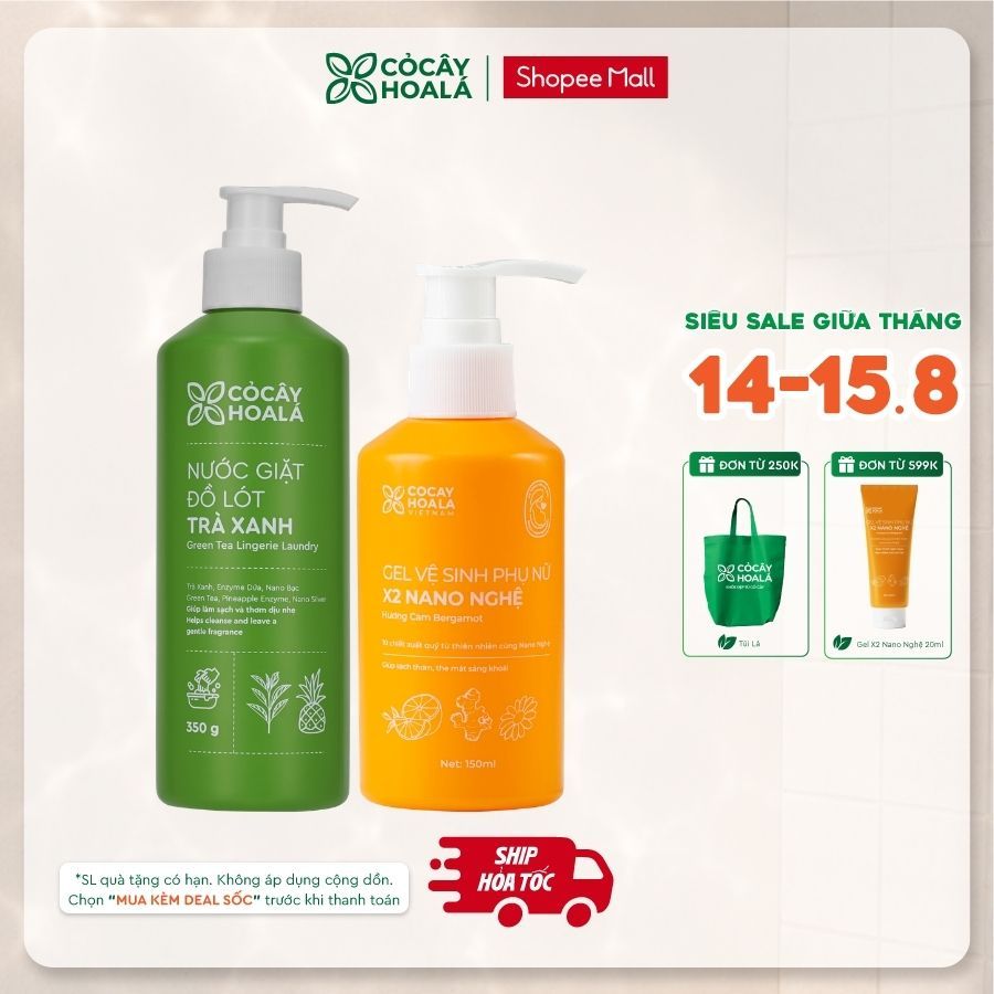 [HỎA TỐC] COMBO Nước Giặt Đồ Lót Trà Xanh Cỏ Cây Hoa Lá 350gr và Dung Dịch Vệ Sinh x2 Nano Nghệ 150m