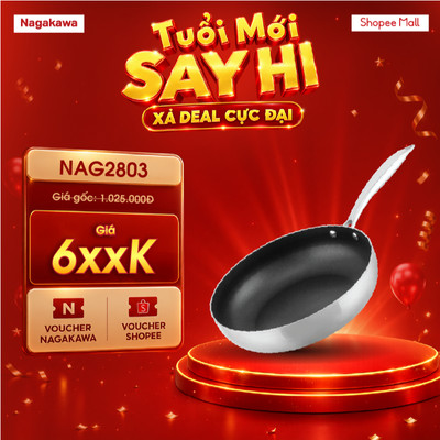 Chảo chống dính inox 28cm Nagakawa Natsu NAG2803, hàng chính hãng, dùng cho mọi loại bếp