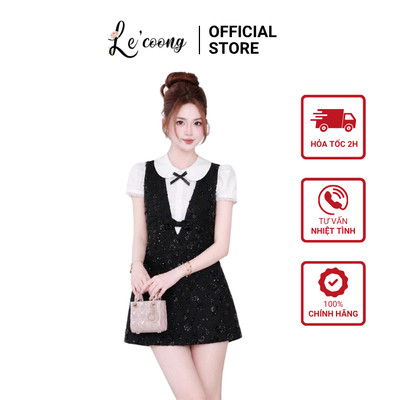 Váy Tiểu Thư Yếm Đen Đính Hoa LECOONG V894 Váy Đẹp Phối Áo Sơ Mi Tay Con Sang Chảnh