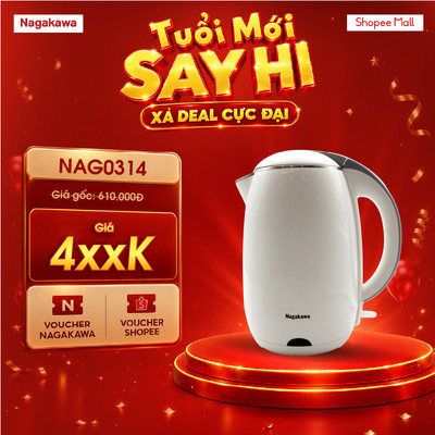 Bình siêu tốc đun nước 1.8L Nagakawa NAG0314 (1800W), sôi nhanh, chức năng chống cạn nước, bảo hành 12 tháng