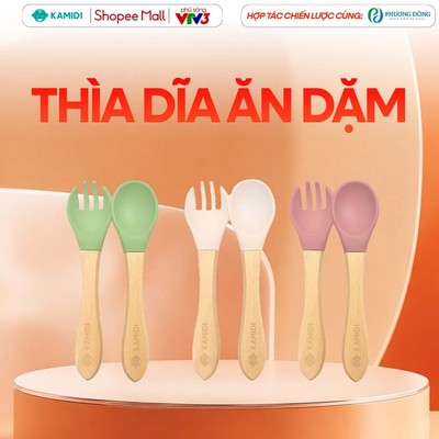 Bộ Thìa Dĩa Ăn Dặm Kamidi Cho Bé Chất Liệu Silicone Cán Gỗ An Toàn Cho Bé