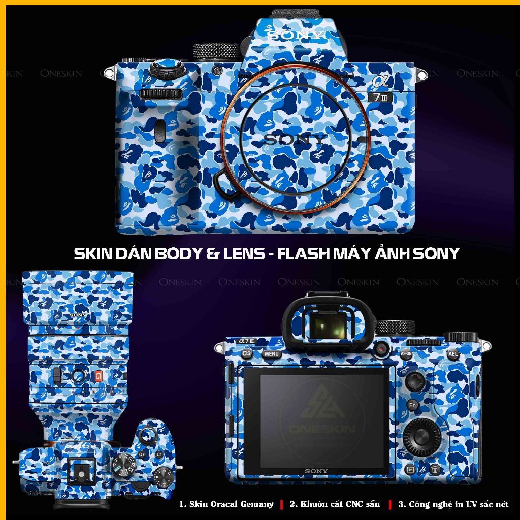 Dán Skin Camo Sony A72/A7R3/A7R4/A7R5/A1/A9/A74/A75/A6400 | Khuôn Cắt CNC Chuẩn Chi Tiết, Chống Nước