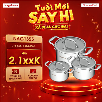 Bộ 3 nồi inox 5 lớp Nagakawa Haru NAG1355 16cm, 20cm, 24cm, dùng trên mọi loại bếp, inox 304 an toàn