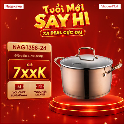 Nồi inox 304 chính hãng 24cm đa đáy Nagakawa NAG1358-24, dùng cho mọi loại bếp, hàng chính hãng