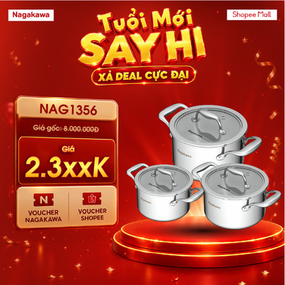 Bộ 3 nồi inox 5  lớp Nagakawa Natsu NAG1356 (16cm, 20cm, 24cm) - Dùng trên mọi loại bếp