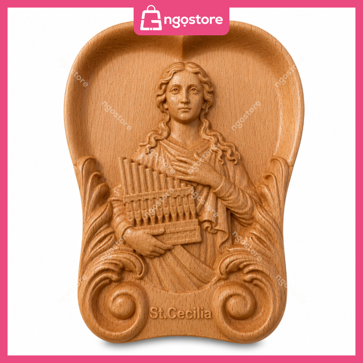 Tượng gỗ Thánh Cecilia - Mẫu trái tim để bàn (St. Cecilia Wooden Statue – Heart Design for Desk)