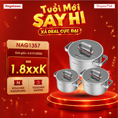 Bộ 3 nồi inox 304 Nagakawa Aki NAG1357 (16cm, 20cm, 24cm) - Dùng trên mọi loại bếp - Hàng chính hãng