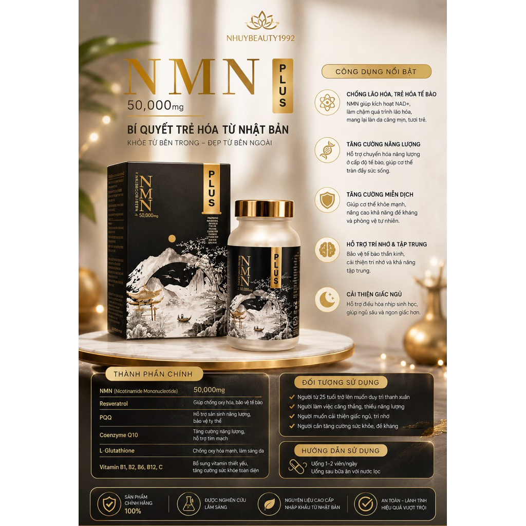Viên Uống NMN Nhật Bản 50000mg Plus giúp cải thiện làn da đẹp da, tăng cường sức khoẻ não bộ