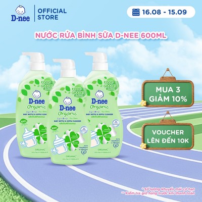 Combo 3 Nước rửa bình sữa D-nee từ nha đam hữu cơ, an toàn lành tính, khử khuẩn hiệu quả 600ml