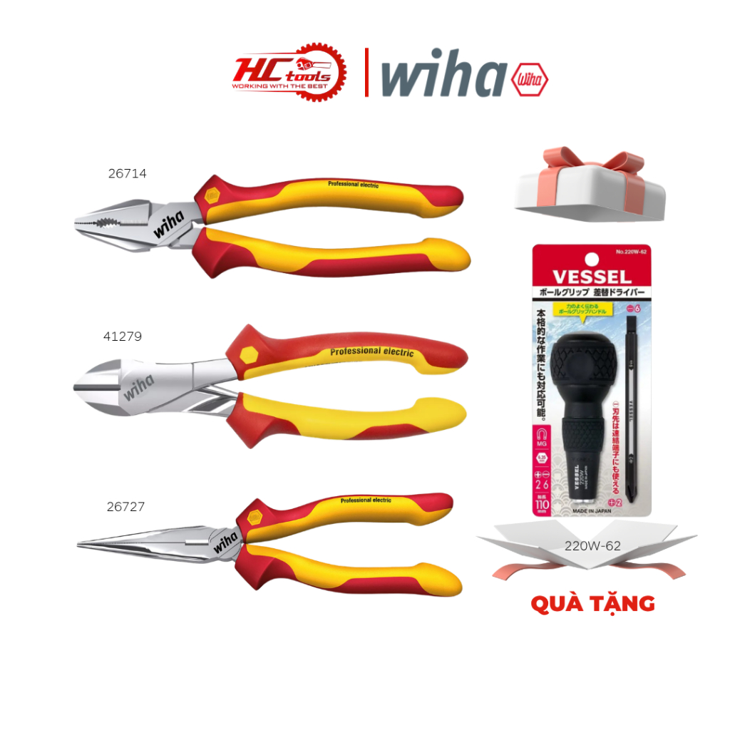 Combo 3 Kìm Wiha VDE 1000V 26714 41279 26727 Tặng Tô Vít Vessel 220W-62 - HCTOOLS VN