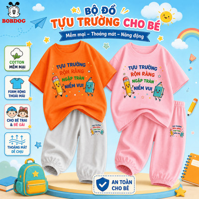 Set đi học cho bé trai, bé gái BOBDOG, bộ đồ cotton tựu trường, thoải mái cho bé mặc đi học mỗi ngày
