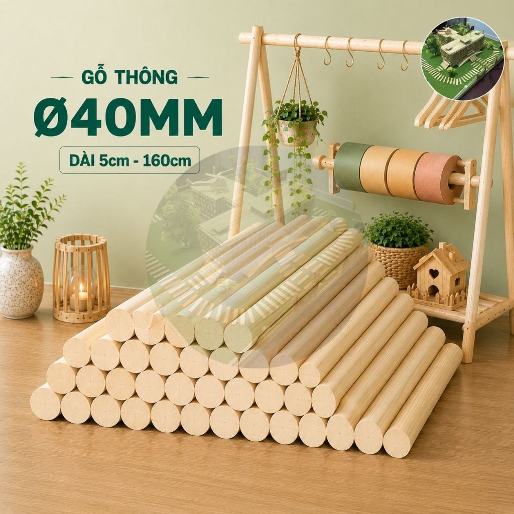 Thanh gỗ thông tròn phi 4cm (dài 5cm - 160cm) treo rèm , macrame, decor