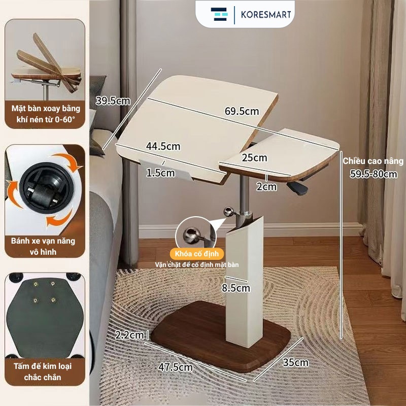 Bàn Laptop Nâng Hạ Koresmart 0–60° Xoay 360° – Bàn Giường Sofa Cao 59.5–80cm