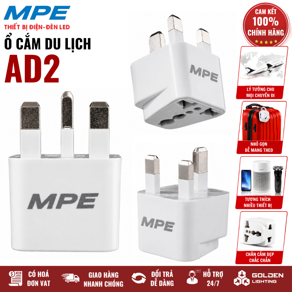 Ổ cắm du lịch MPE AD2 - 3 chân kiểu Anh, kích thước nhỏ gọn 50x50x65mm