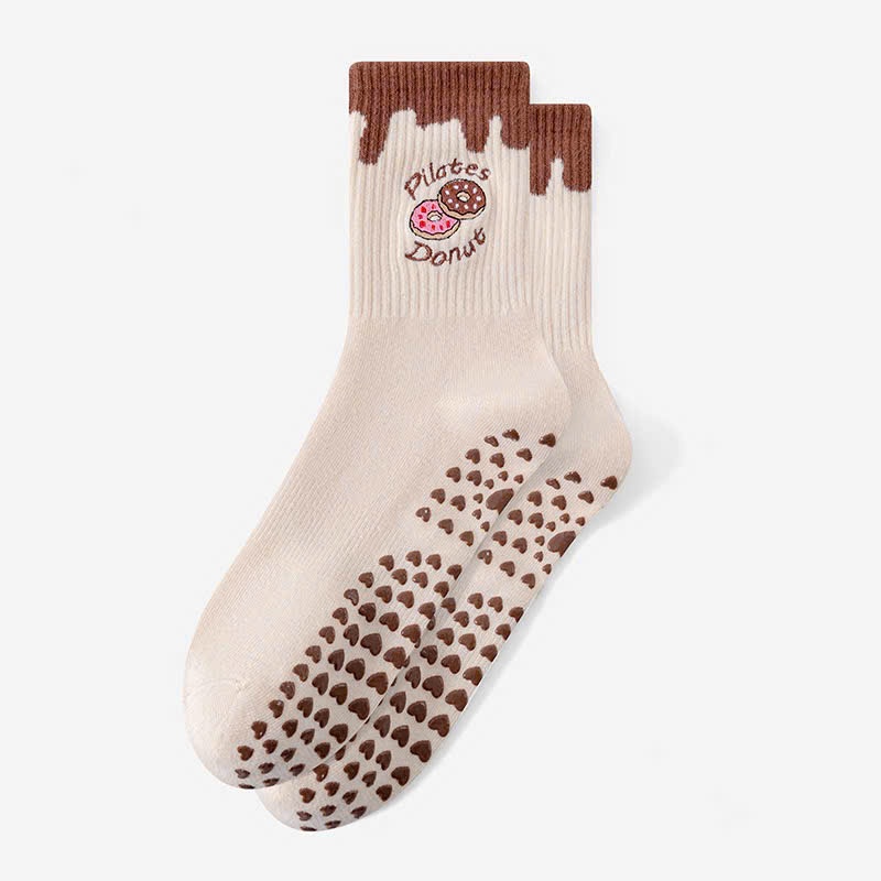 Women’s Candy Color Mid-Calf Yoga Socks with Donut Embroidery – Non-Slip Pilates Grip Socks for Gym 