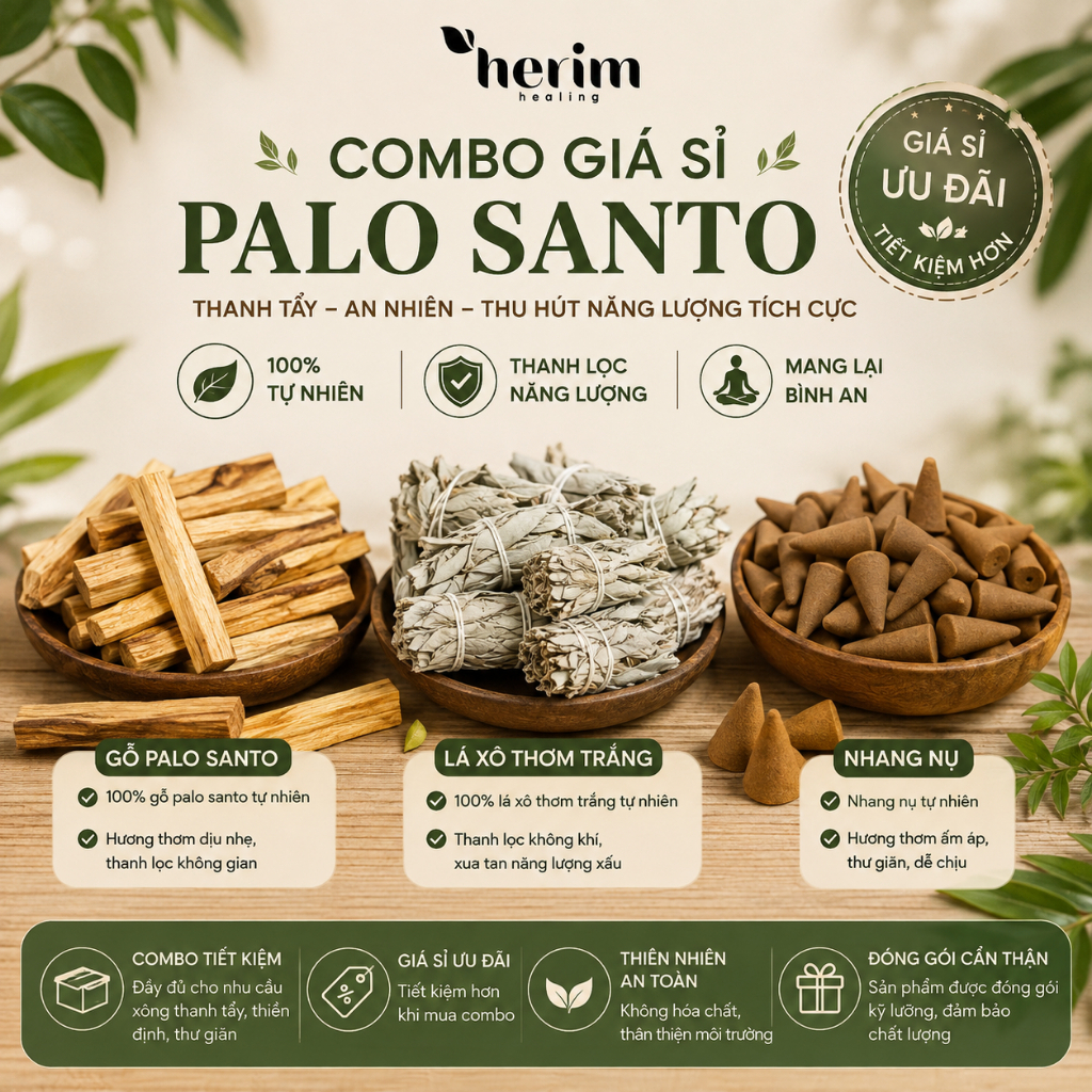 [COMBO SỈ] Palo Santo Gỗ Trắc Xanh, lá xô thơm trắng, nhang nụ xô thơm, nụ gỗ Palo Santo
