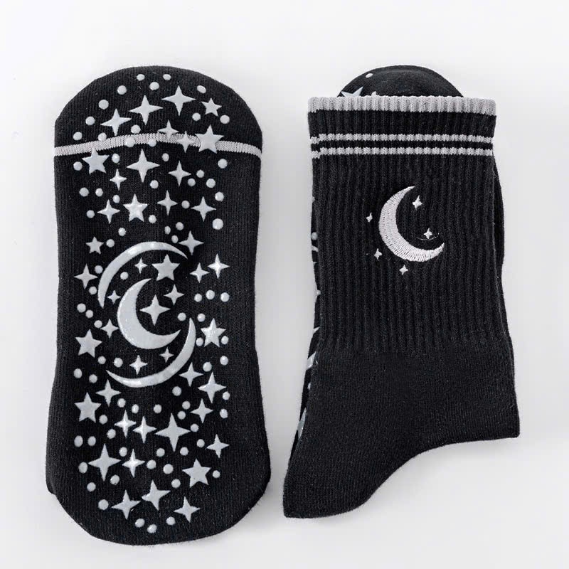 Women’s Non-Slip Yoga Socks Mid-Calf Moon & Star Embroidered Pilates Grip Socks for Gym Fitness Runn