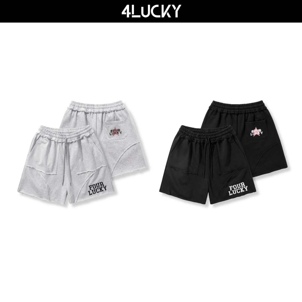 Quần Short Nỉ Chân Cua Unisex 4Lucky 6255, Quần Đùi Trên Gối Ống Rộng Lưng Thun Dây Rút Thêu Chữ
