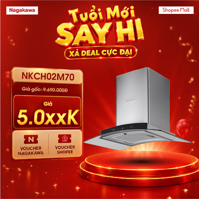 Máy hút mùi cao cấp Nagakawa NKCH02M70, kiểu dáng kính cong, công suất 80W, khử mùi hiệu quả, bảo hành 5 năm