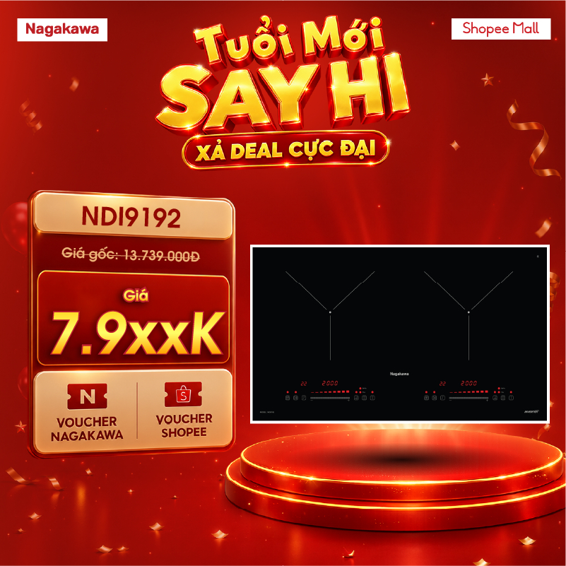 Bếp Từ Đôi Nagakawa NDI9192 4000W – Inverter Tiết Kiệm Điện, Booster Nấu Nhanh, Kính Kanger Bo Viền,