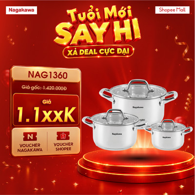 Bộ 3 nồi inox 5 đáy Nagakawa NAG1360 (16cm - 20cm - 24cm), hàng chính hãng, bảo hành 12 tháng