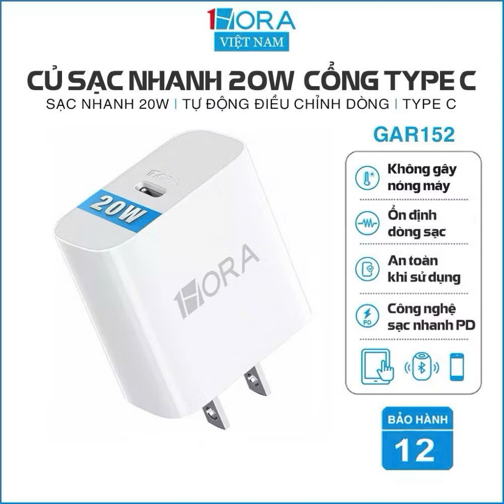 Củ Sạc Nhanh 1HORA GAR152-20W-1 cổng Type C (Chính Hãng)