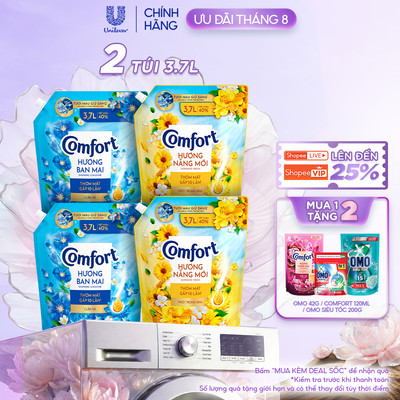Combo 2 Nước Xả Làm Mềm Vải Comfort Đậm Đặc Một Lần Xả Thơm Mát Suốt Ngày Dài túi 3.7L