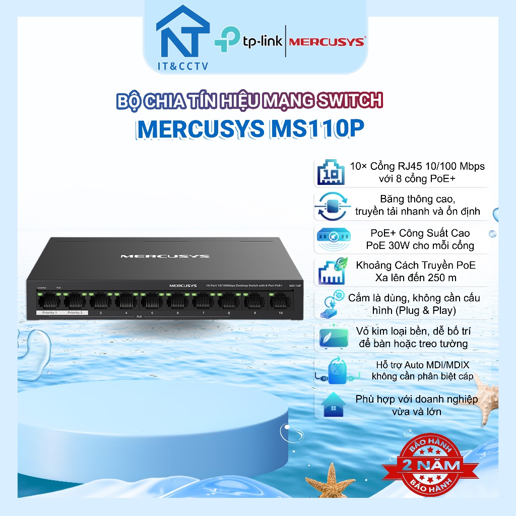 Bộ Chia Mạng PoE MS110P 10 Cổng (8 PoE+) – Hỗ Trợ Camera IP, Truyền Dữ Liệu & Nguồn