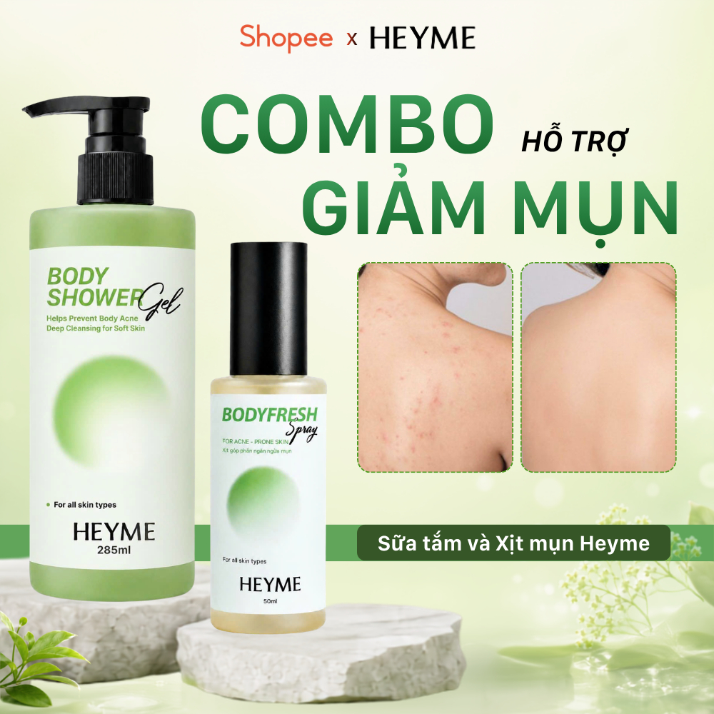 Combo Hỗ trợ giảm mụn lưng Heyme - Heyme BodyShower Gel 285ml và BodyFresh Spray 50ml